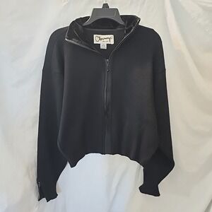 Vtg Obermeyer Wool Blend Zip-up Cardigan Sweater Black XL Velvet Collar Cuff Zip